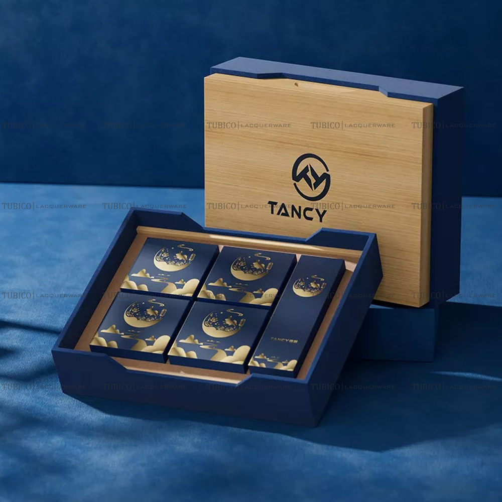 Hộp đựng bánh trung thu sơn mài cao cấp xanh dương mờ có nắp màu vân gỗ